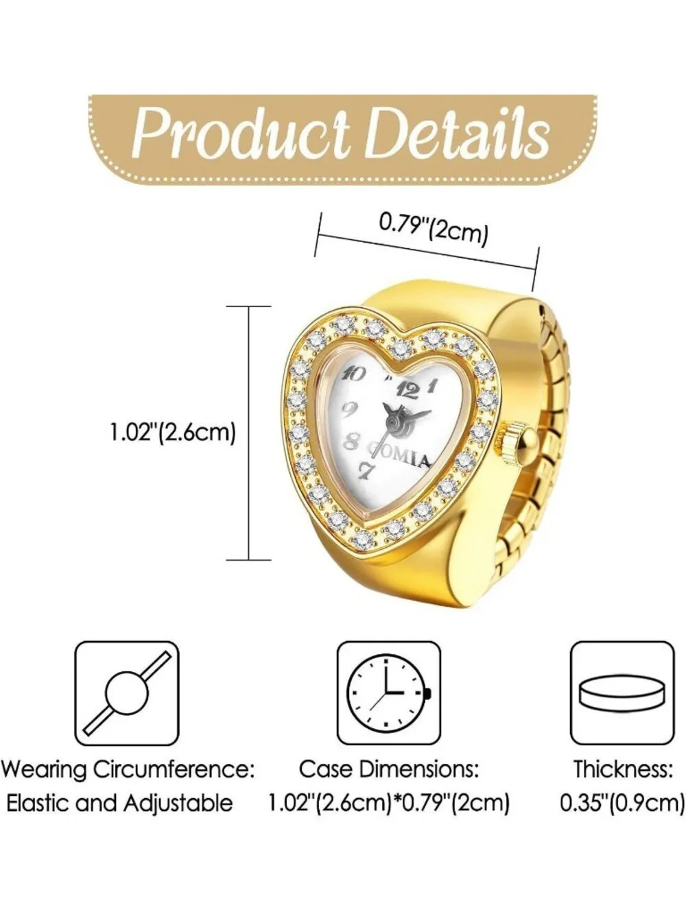 Unisex Gold Analog Quartz Easy Read Adjustable Modern Heart Finger Ring Watch